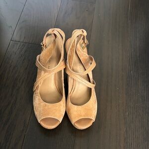 ANTONIO MELANI Tan Suede Peep-Toe Heels